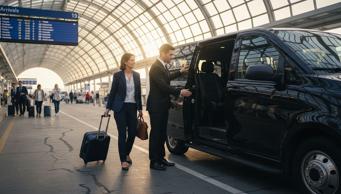 Chauffeur opening luxury shuttle van at airport curbside » Ashe County Livery blog Chauffeur opening luxury shuttle van at airport curbside