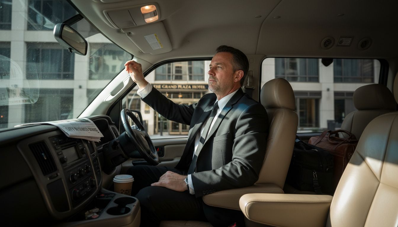 Chauffeur adjusting mirror in upscale shuttle » Ashe County Livery blog Chauffeur adjusting mirror in upscale shuttle