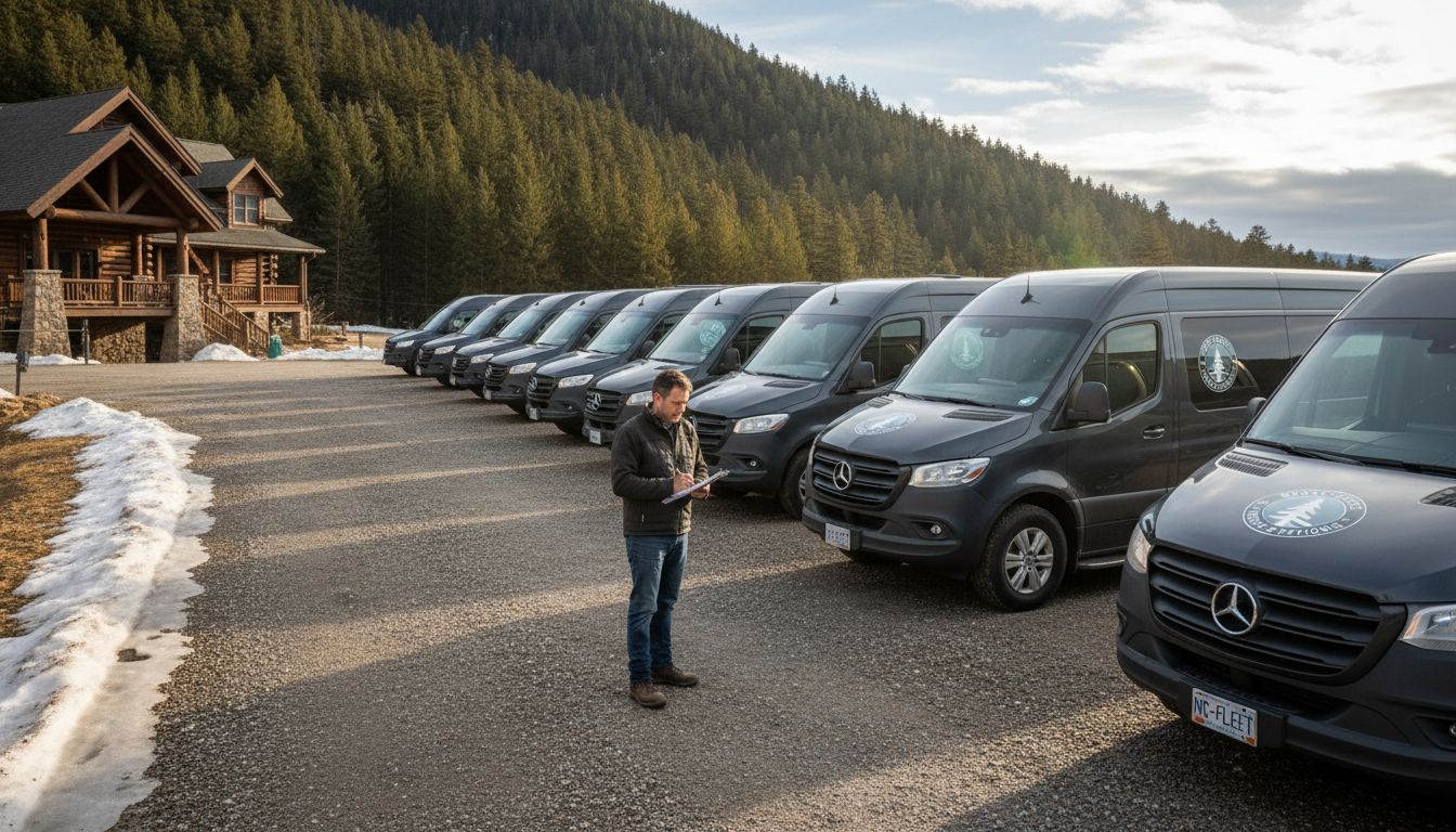 Fleet of luxury vans outside mountain lodge