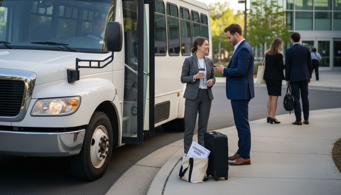 Guests arriving on shuttle at conference venue
