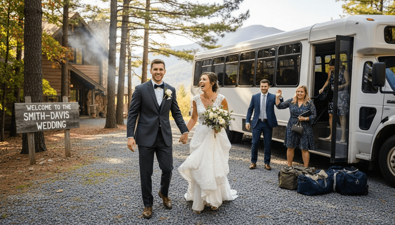 Wedding couple greets guests arriving by shuttle