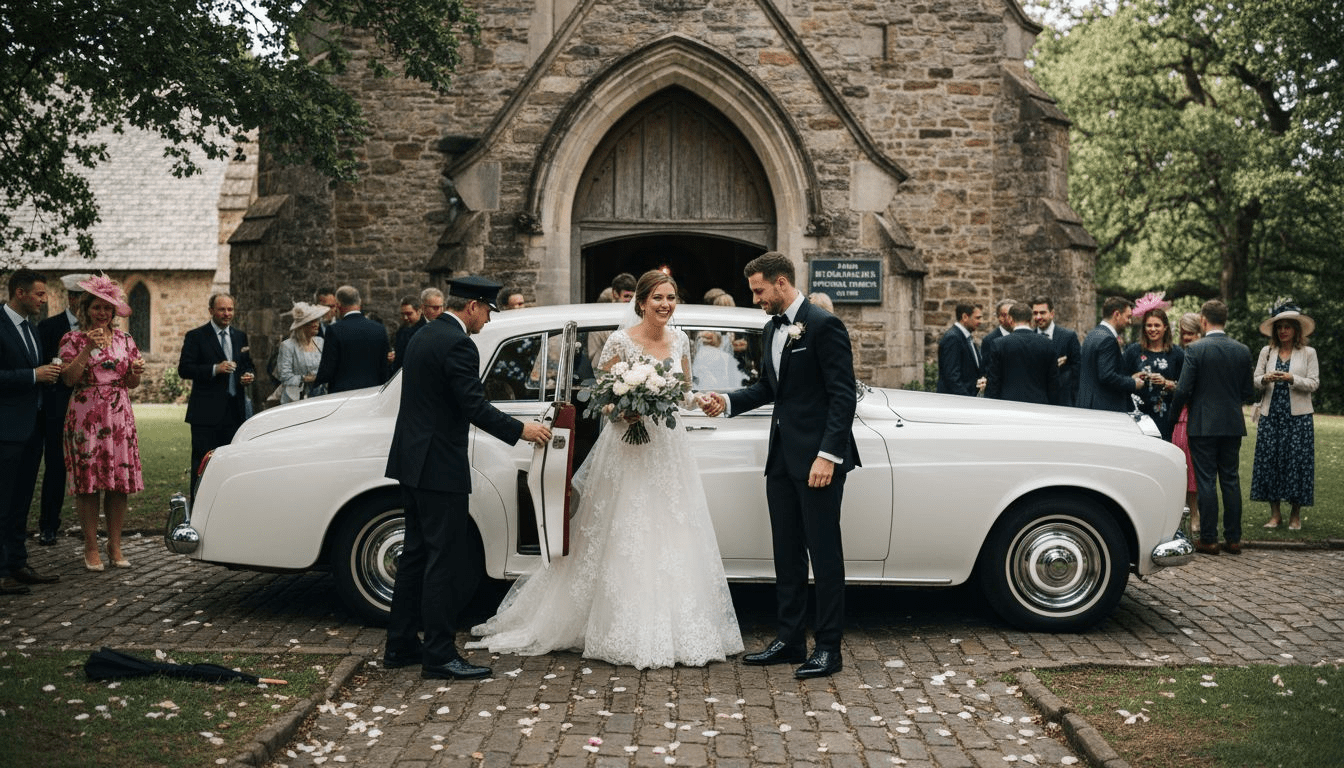 Bride and groom exiting classic wedding car