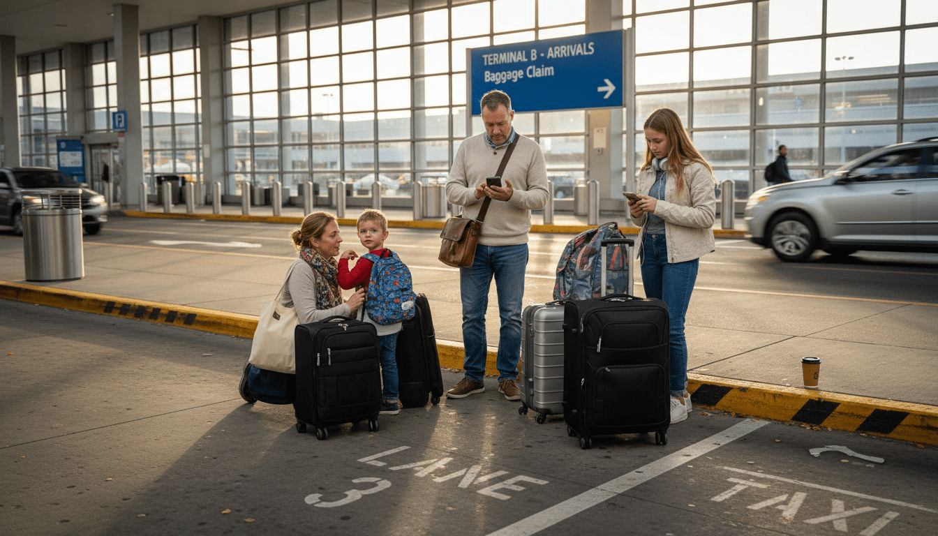 Family with bags at busy airport curbside