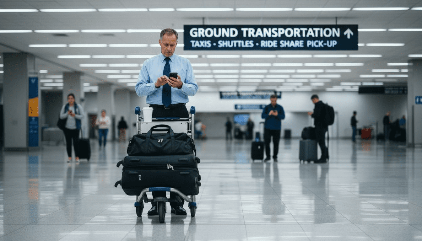 Traveler booking airport transfer at arrivals