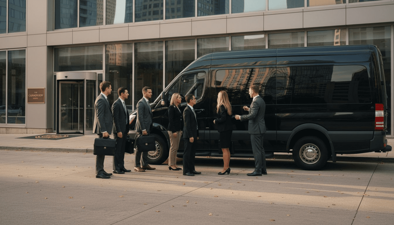 Chauffeur opening luxury shuttle for business group » Ashe County Livery blog Chauffeur opening luxury shuttle for business group