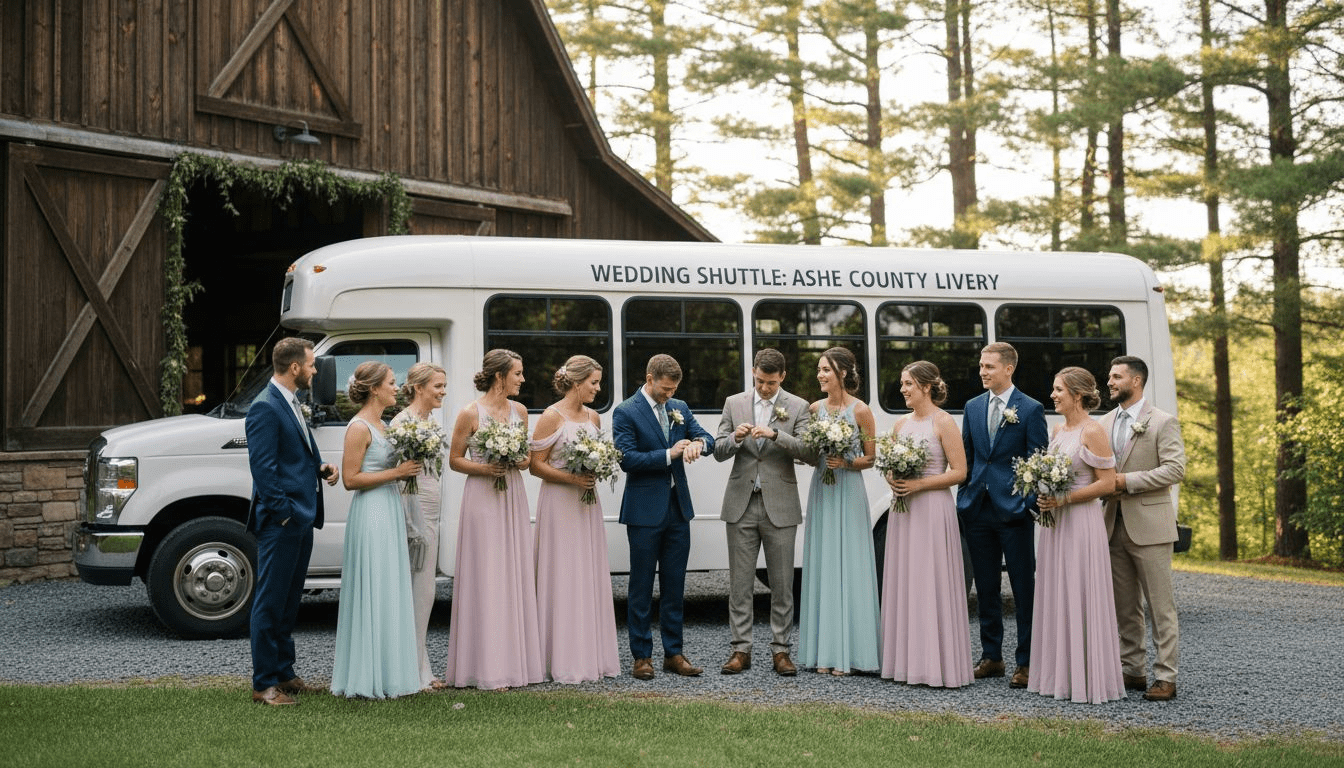 Wedding guests board shuttle at NC barn