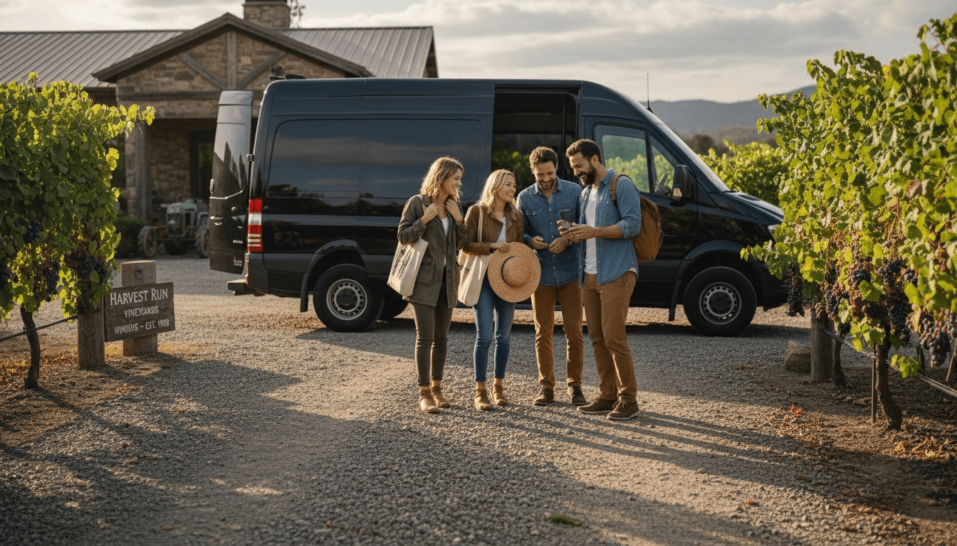 Friends exiting luxury shuttle at vineyard