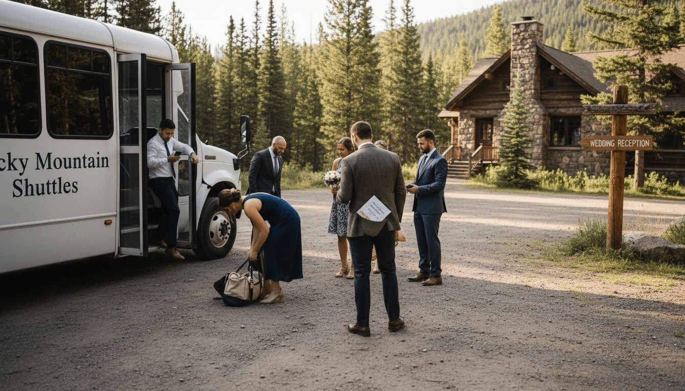 Guests exiting shuttle at mountain wedding venue