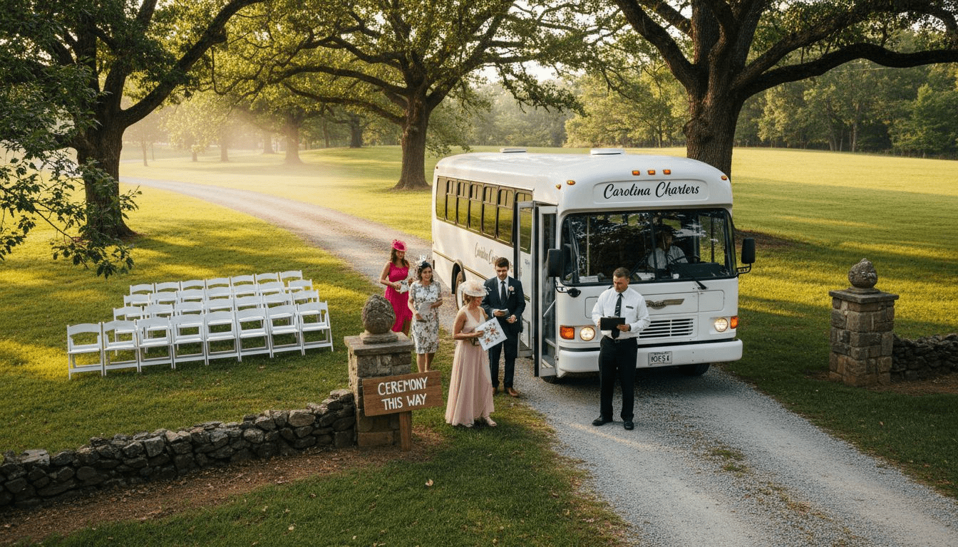 Shuttle bus at NC wedding venue with guests arriving » Ashe County Livery blog Shuttle bus at NC wedding venue with guests arriving