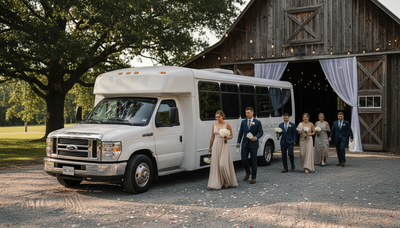 Luxury wedding shuttle arriving at barn venue