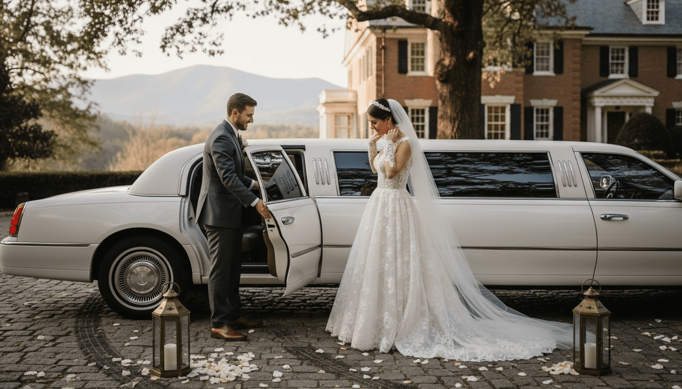Couple and limousine at North Carolina estate