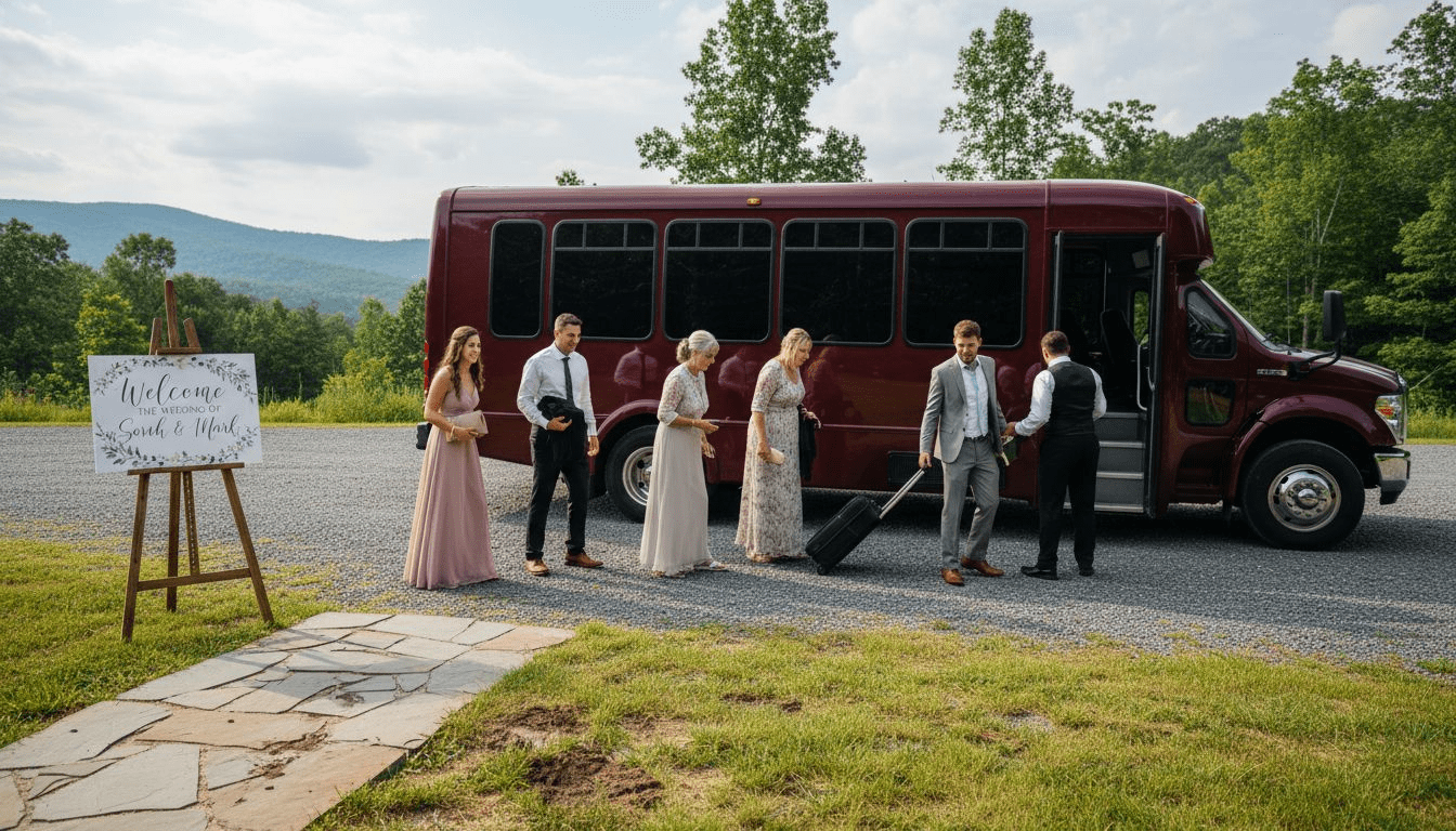 Wedding guests arrive by mountain shuttle