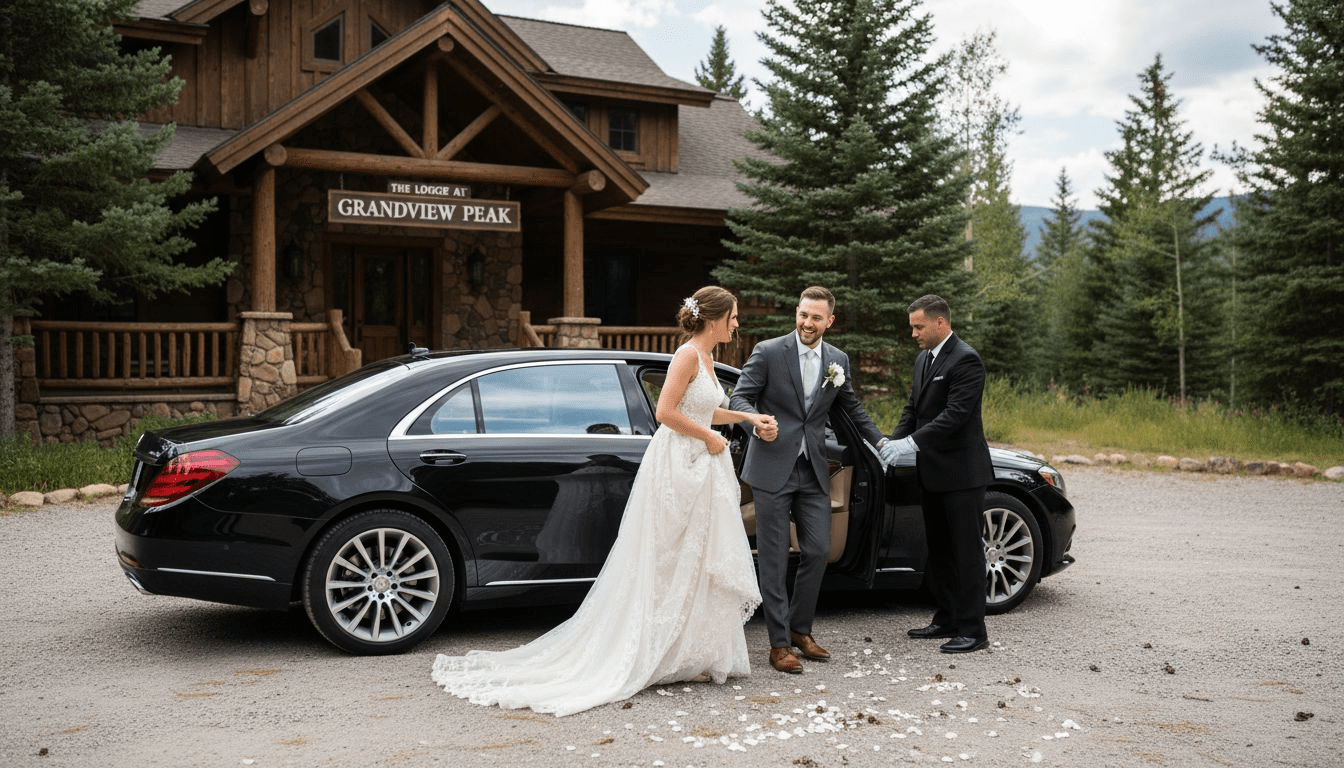 Bride and groom with Mercedes at mountain wedding