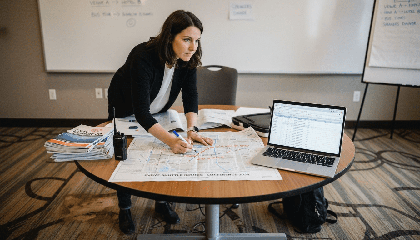 Coordinator planning shuttle logistics at event