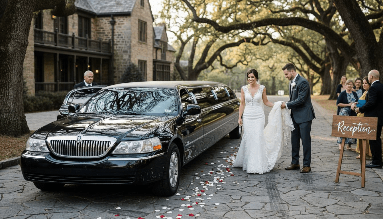 Couple arrives in luxury wedding limousine