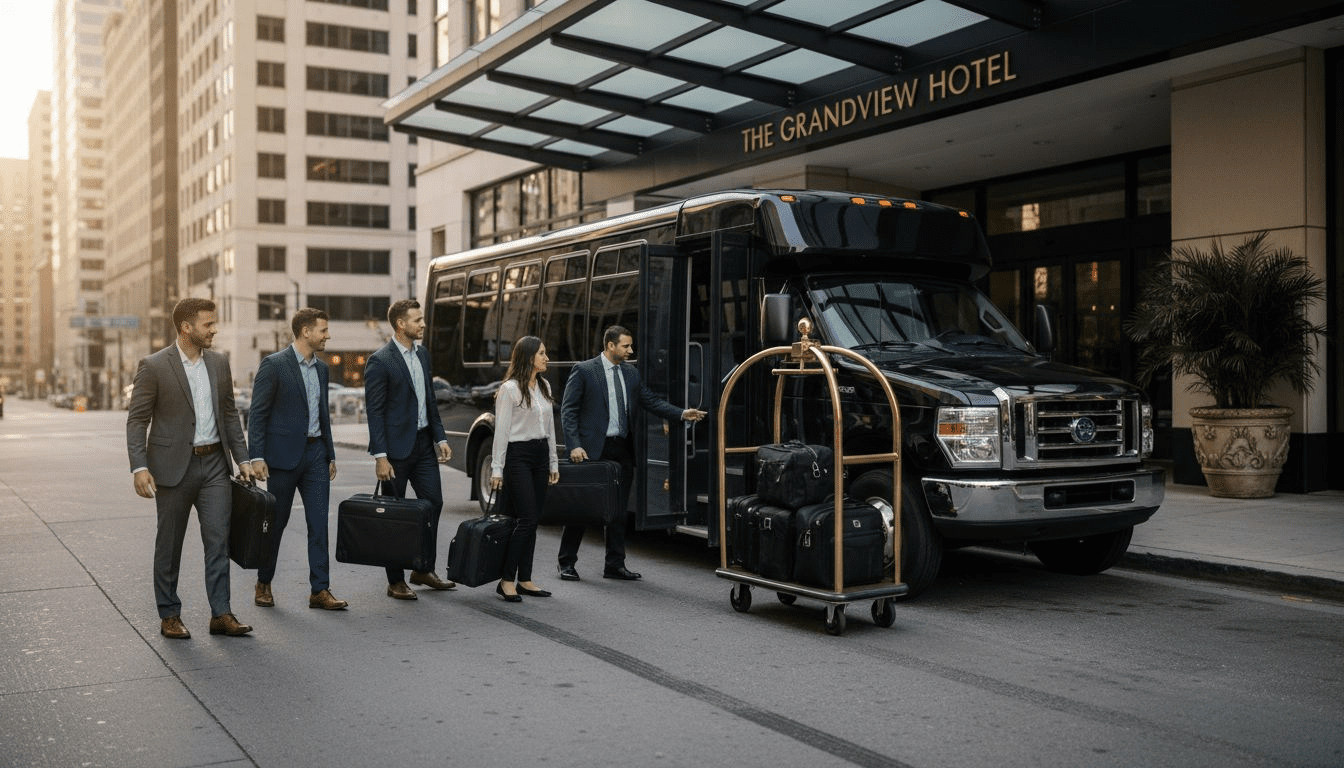 Guests boarding luxury shuttle at hotel entrance
