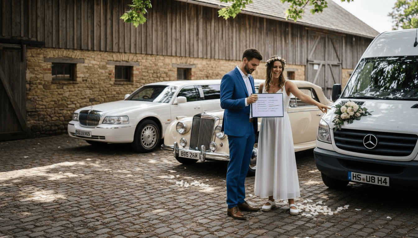 Couple reviewing wedding vehicle options onsite » Ashe County Livery blog Couple reviewing wedding vehicle options onsite