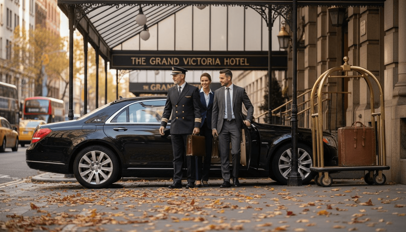Chauffeur welcoming guests outside luxury hotel