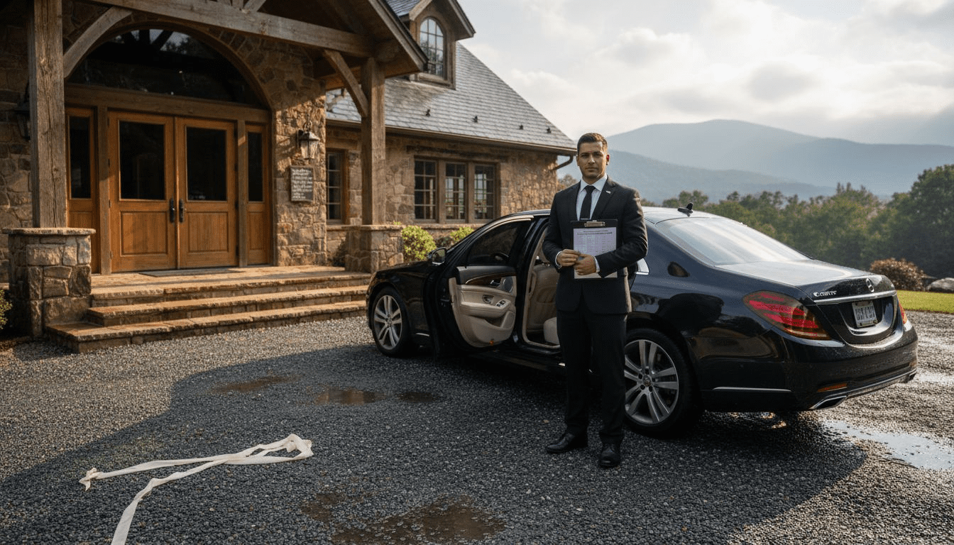 Chauffeur by luxury sedan at wedding venue