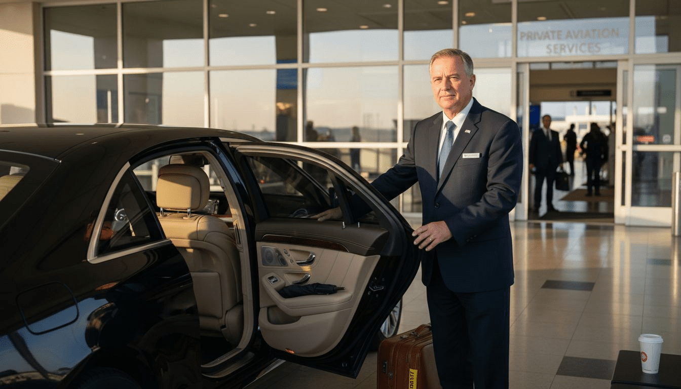 Chauffeur opening luxury sedan at airport curb