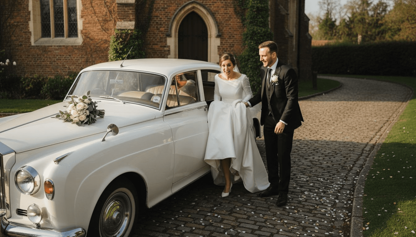 Bride and groom exiting classic wedding car