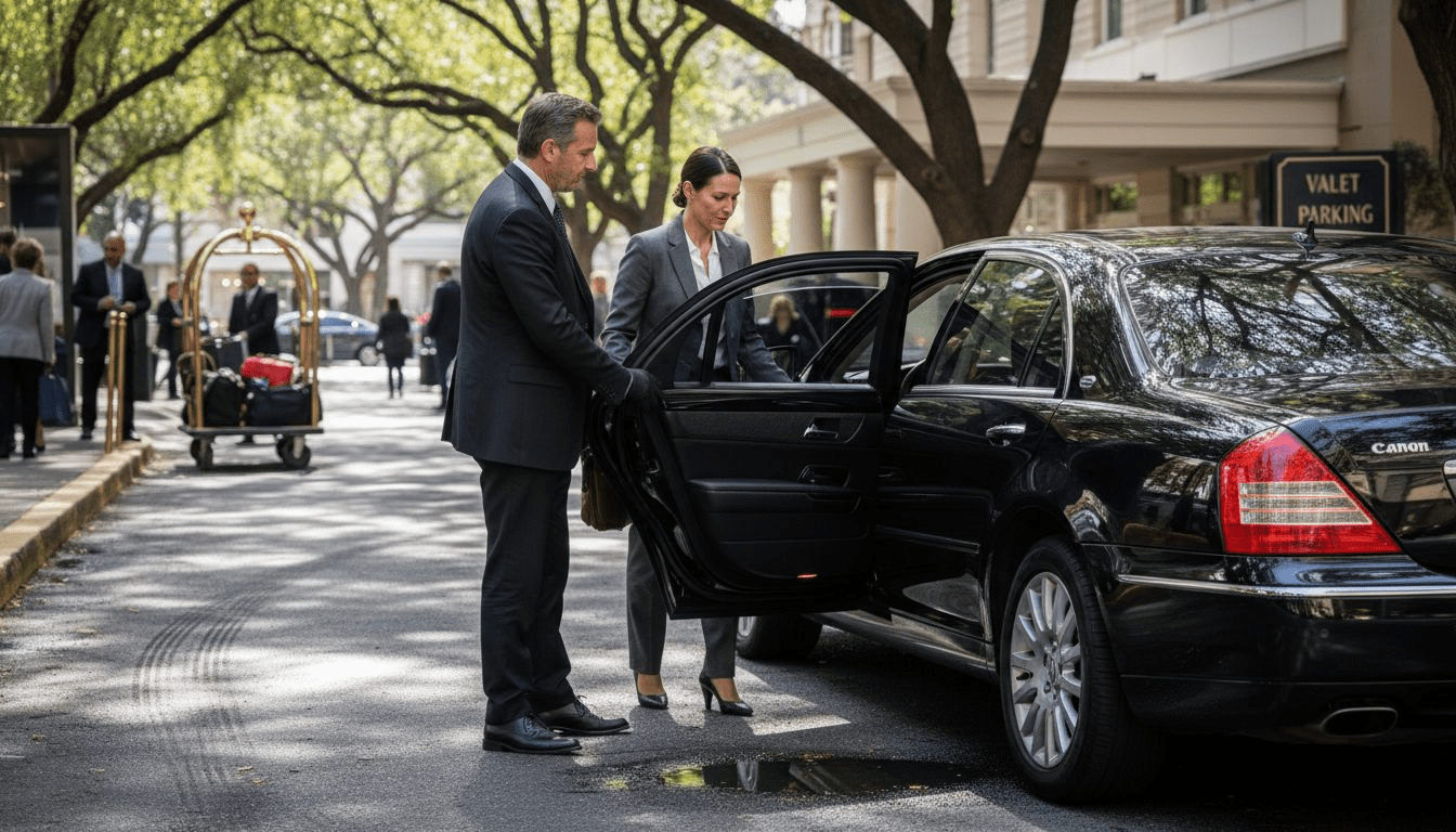 Chauffeur greeting executive at hotel entrance