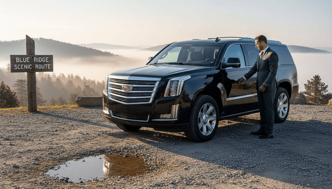 Chauffeur beside luxury SUV in mountains