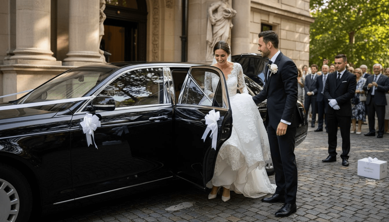 Couple exiting luxury wedding car at entrance