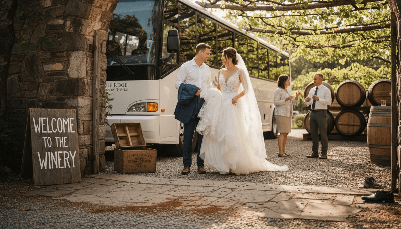 Couple arriving at winery wedding bus
