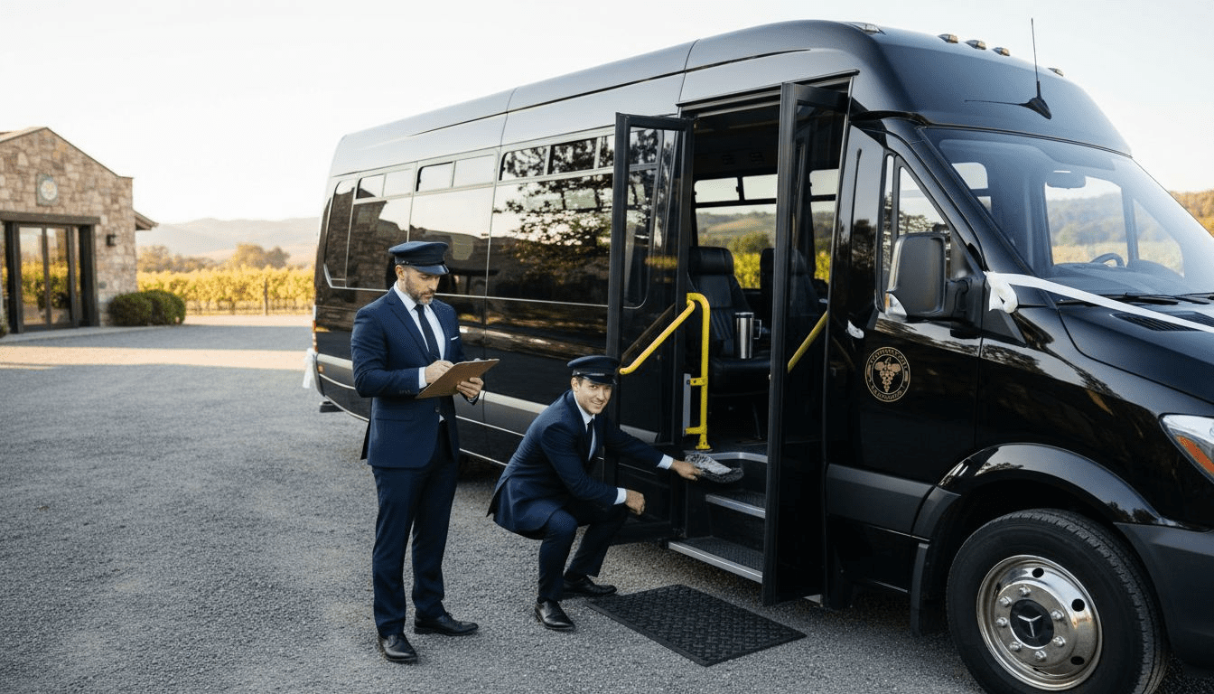 Chauffeurs prepare luxury shuttle at wedding venue