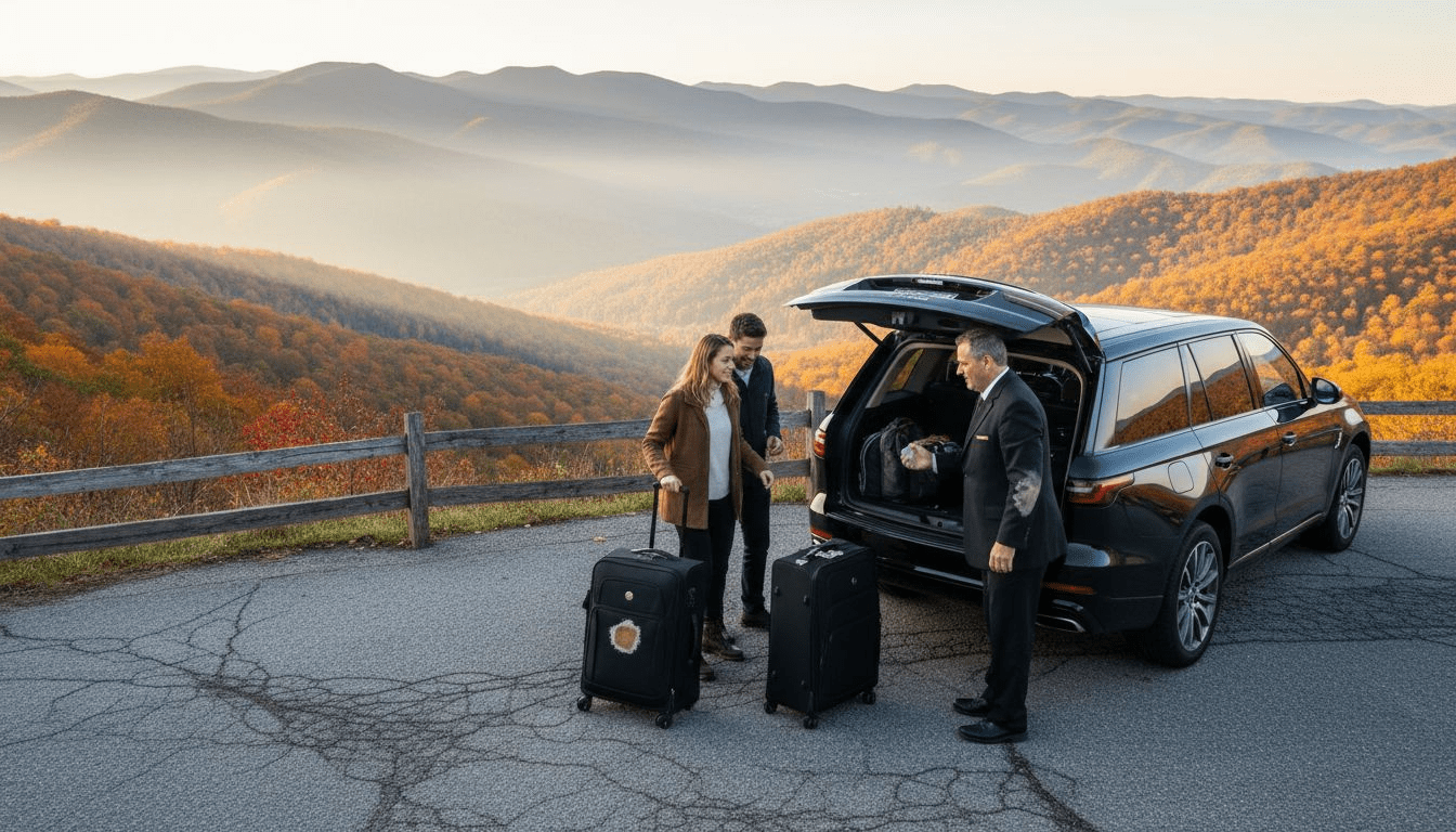 Travelers and chauffeur at mountain overlook SUV