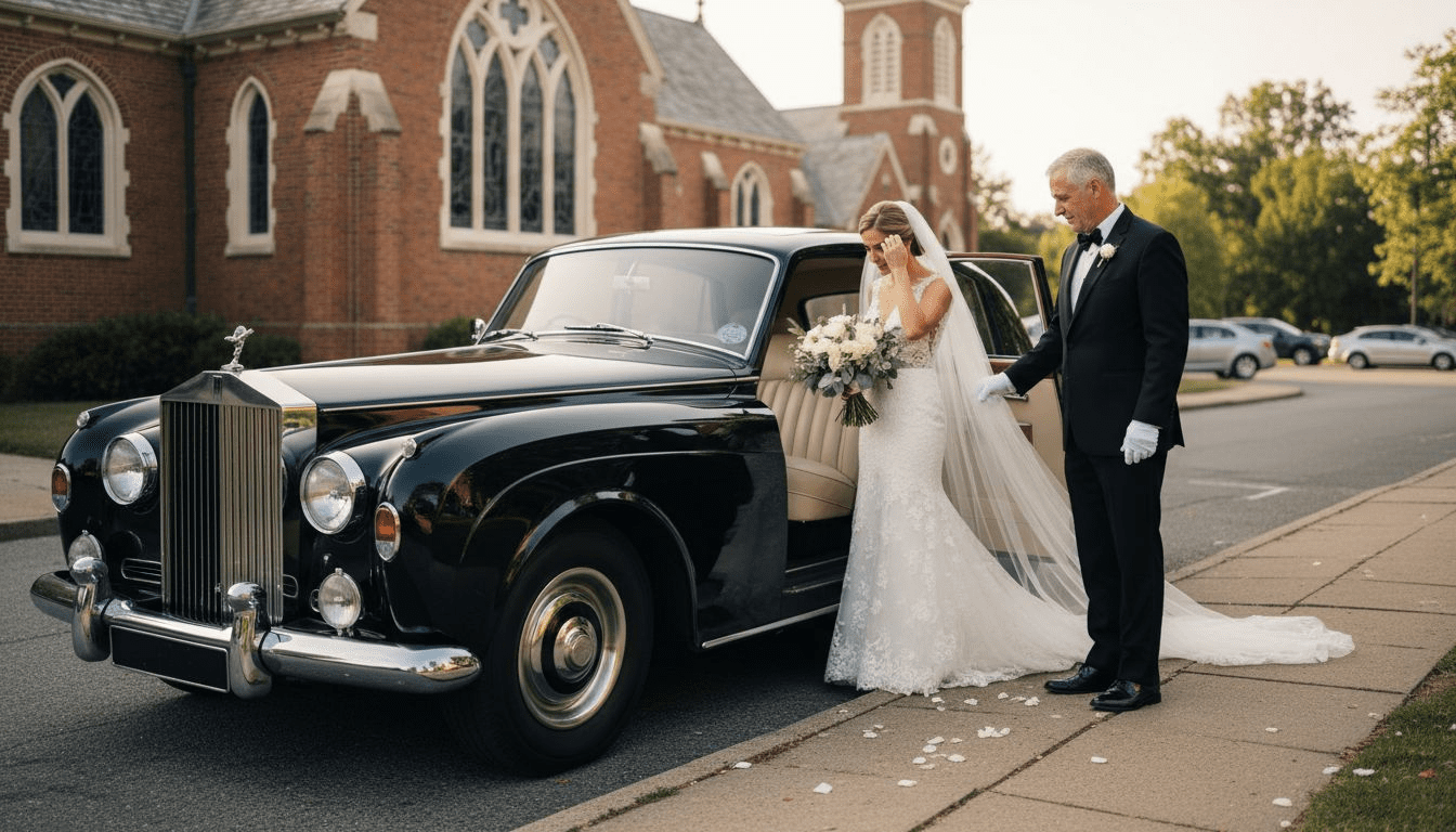 Chauffeur assists bride into wedding car » Ashe County Livery blog Chauffeur assists bride into wedding car
