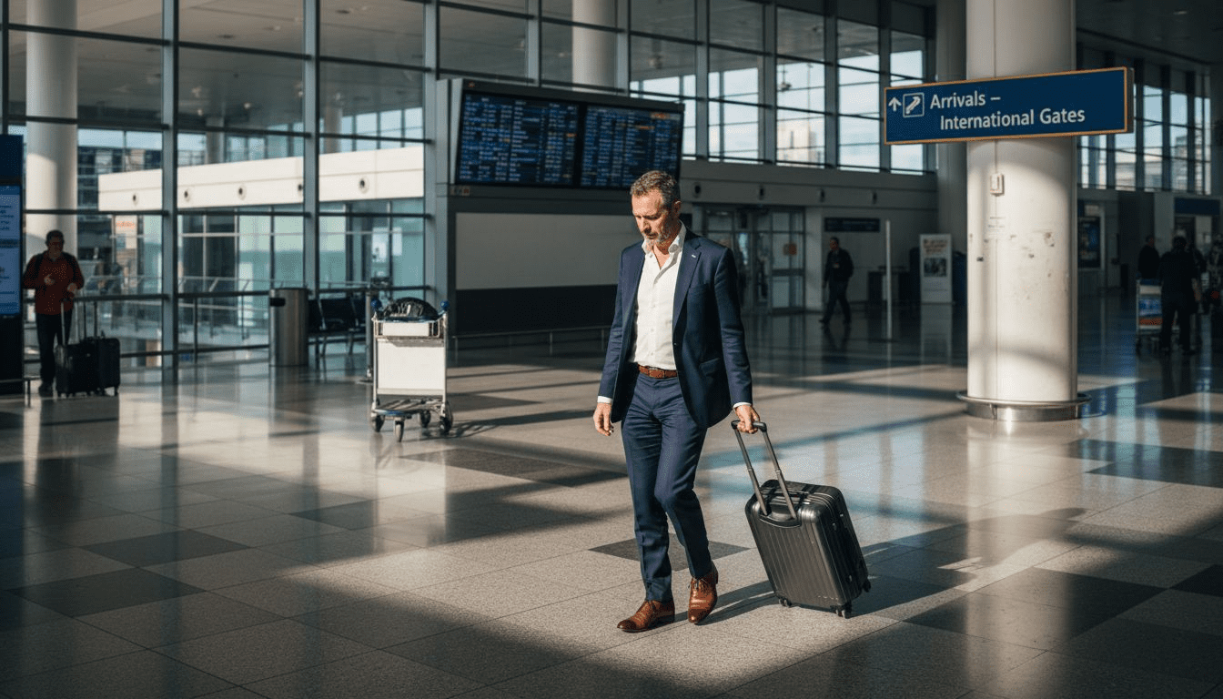 VIP traveler stepping through busy airport arrivals