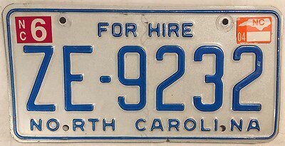 North Carolina For-Hire license plate — required on all for-hire passenger vehicles