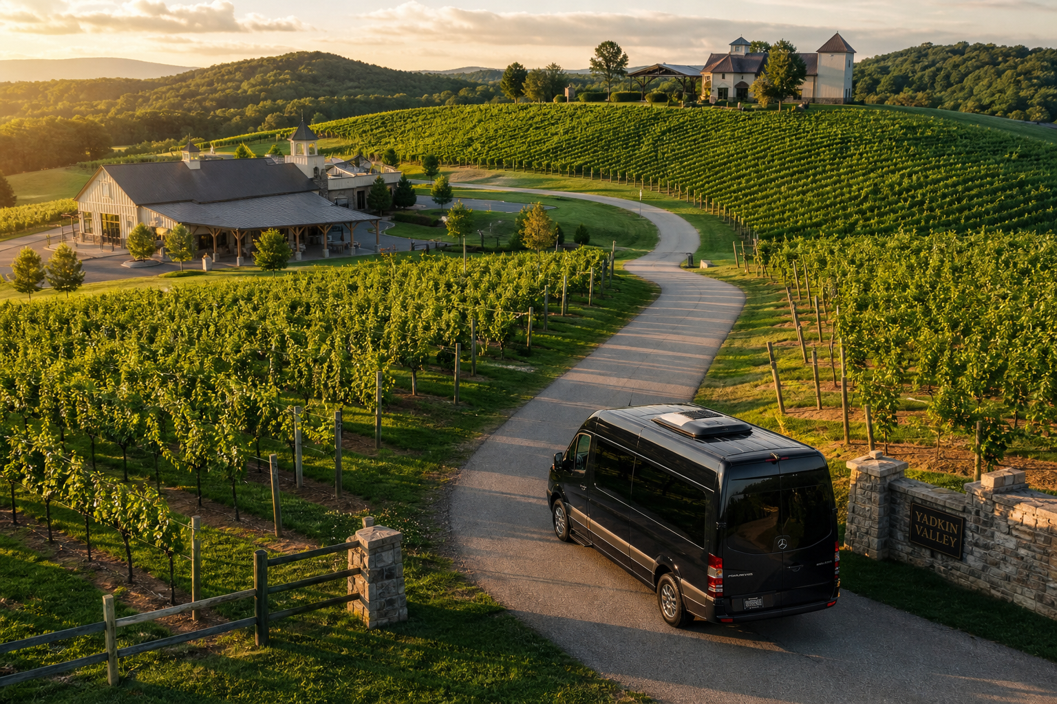 2026-06-08_18-26-54 – Ashe County Livery blog Black passenger van driving through a stone entrance into a winery estate with expansive sunlit vineyards and rolling hills at sunset (Yadkin Valley).