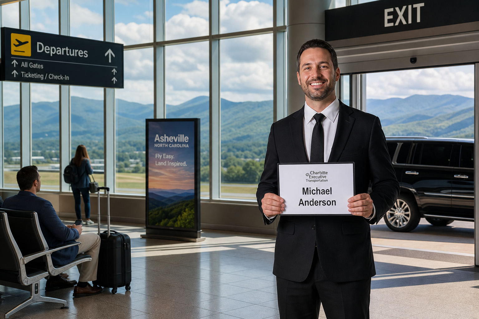 Smiling man in a suit holds a name sign reading Michael Anderson at an airport arrivals area with Departures signs nearby.