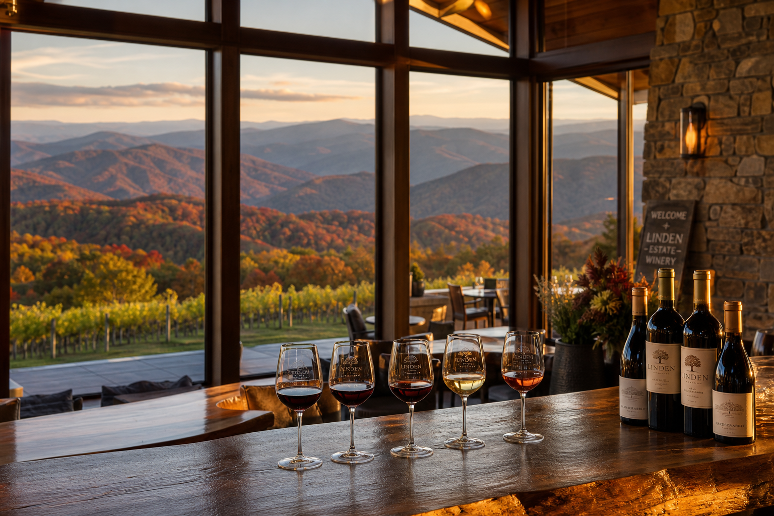 Six wine glasses (reds and whites) on a polished wooden bar, with bottles to the right and a sunset over autumn vineyard hills outside the windows.