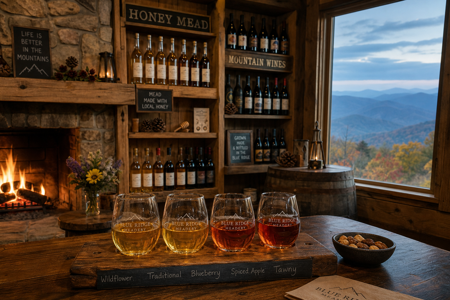 2026-06-08_18-30-25 – Ashe County Livery blog Rustic mead tasting setup with four glasses on a wooden tray, labeled Wildflower, Traditional, Blueberry, Spiced Apple, against a cozy bar backdrop and mountain window view.