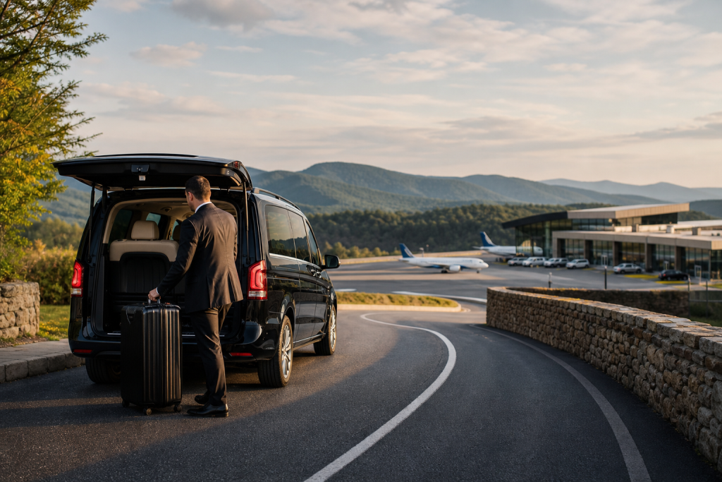 Business traveler in a suit loading a black suitcase into the trunk of an SUV at an airport, with planes and a terminal in the distance.