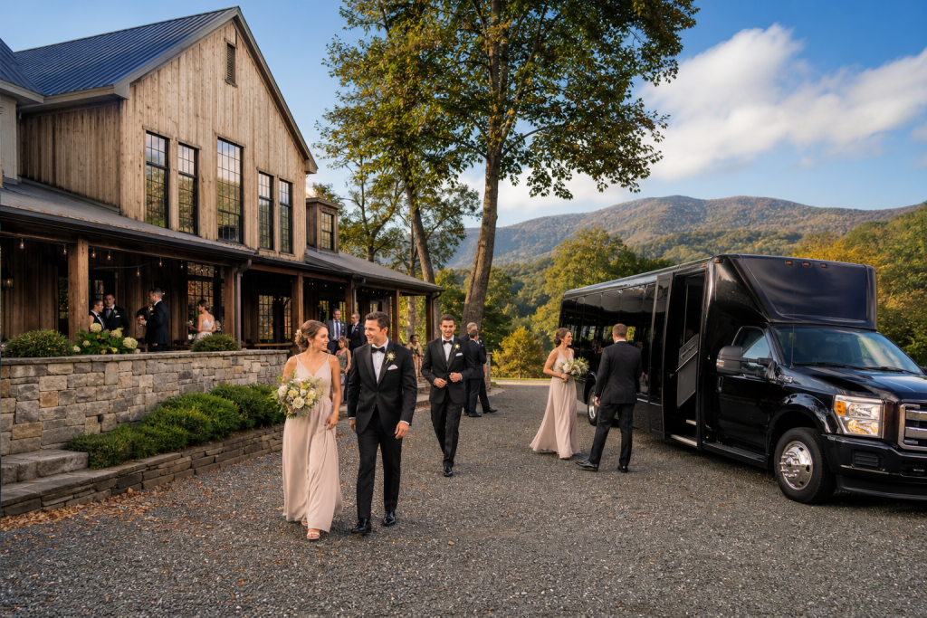 Wedding party in formal attire outside a rustic wooden venue; bridesmaids carry bouquets, groomsmen in black tuxedos, a black shuttle bus nearby, with mountains in the background.