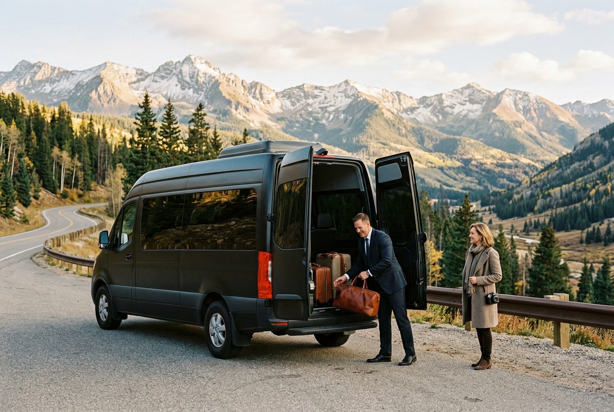 wedding-transportation-logistics-explained-complete-guide-2 – Ashe County Livery blog A man in a suit loads brown luggage from a dark van on a mountain road while a woman with a camera watches nearby.