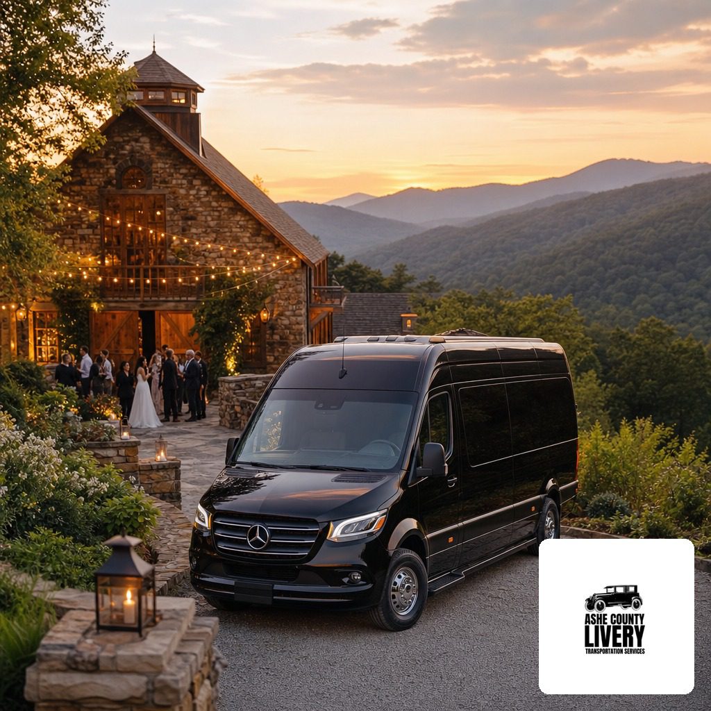 Black Mercedes van parked near a stone wedding venue as guests mingle at sunset with string lights in the trees and buildings nearby.