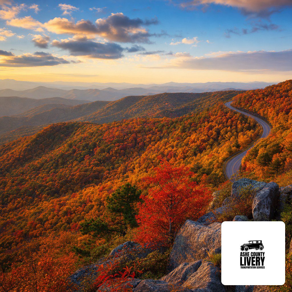 fall-foliage-promo – Ashe County Livery blog Winding mountain road through a vivid autumn forest at sunset, with rocky foreground and distant blue-gray ridges. A company logo sits in the lower-right corner.