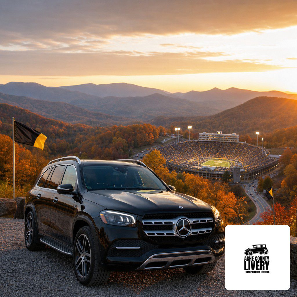 homecoming-promo – Ashe County Livery blog Black Mercedes SUV parked on an overlook at sunset, with autumn-colored trees and a large stadium in the valley below.