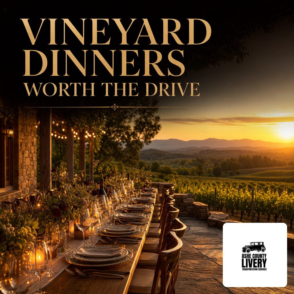 Outdoor vineyard dinner at sunset with a long table set for guests, wine glasses, candles, and vineyard scenery.