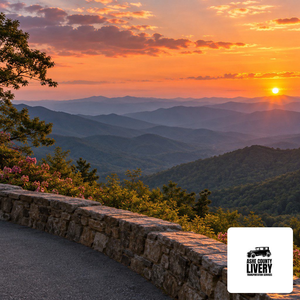blue-ridge-parkway-wedding-photos – Ashe County Livery blog Sunrise over rolling mountains with a stone railing and pink flowers in the foreground; Ashe County Livery watermark in the corner.