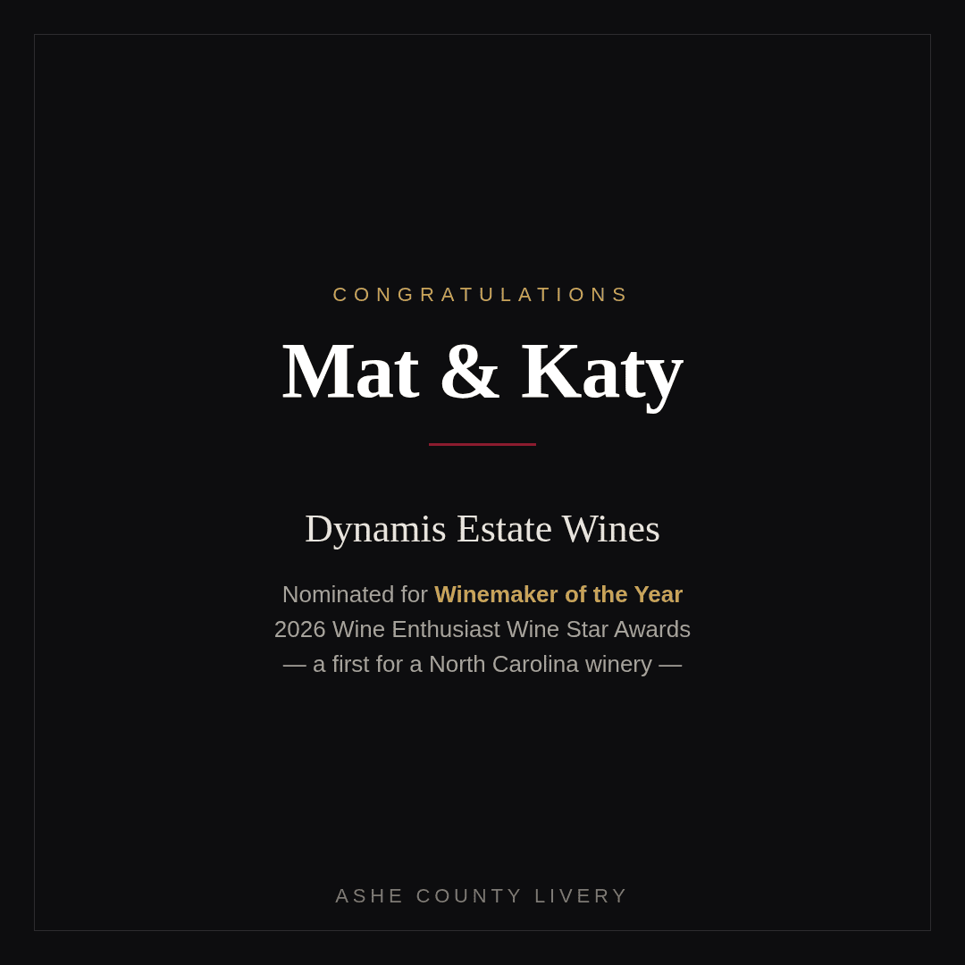 dynamis-winemaker-of-the-year-2026 – Ashe County Livery blog Black award card announcing 'Congratulations Mat & Katy' for Dynamics Estate Wines; nominated for Wine Enthusiast Wine Star Awards (Ashe County Livery).