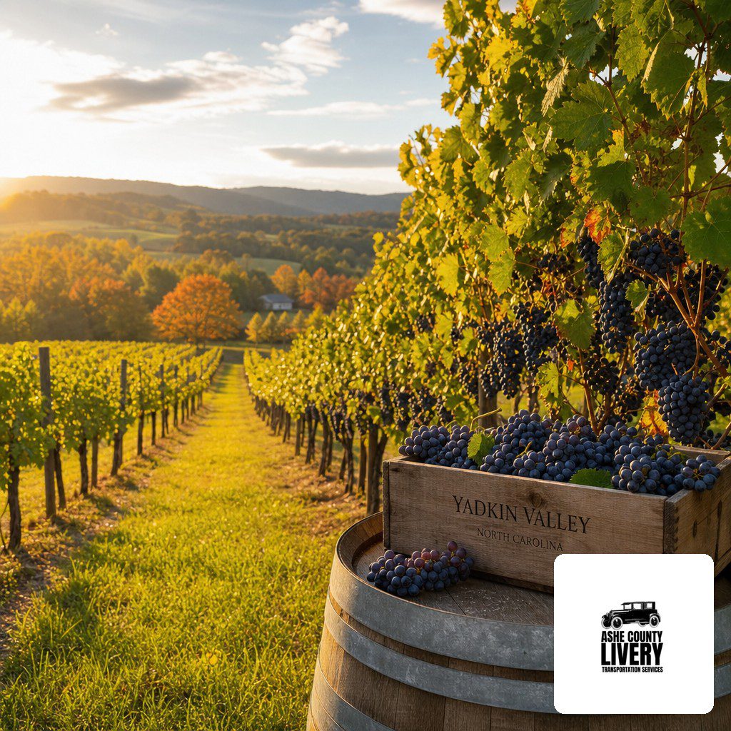 harvest-yadkin-valley-promo – Ashe County Livery blog Sunlit vineyard with rows of grapevines, a wooden crate of dark grapes labeled 'Yadkin Valley' in the foreground atop a wine barrel at sunset