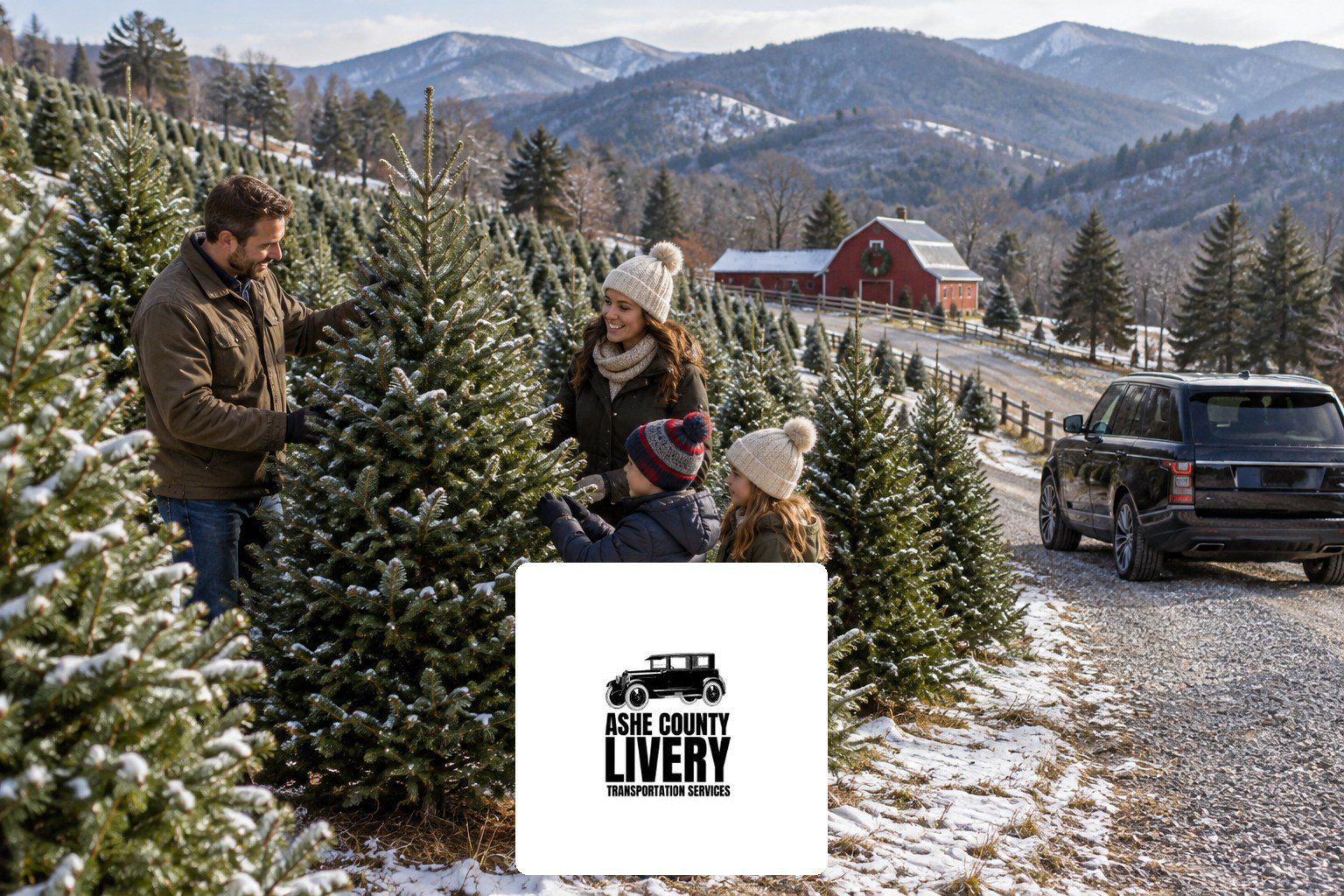 Family choosing a Fraser fir at a mountain Christmas tree farm with a black SUV on the farm lane