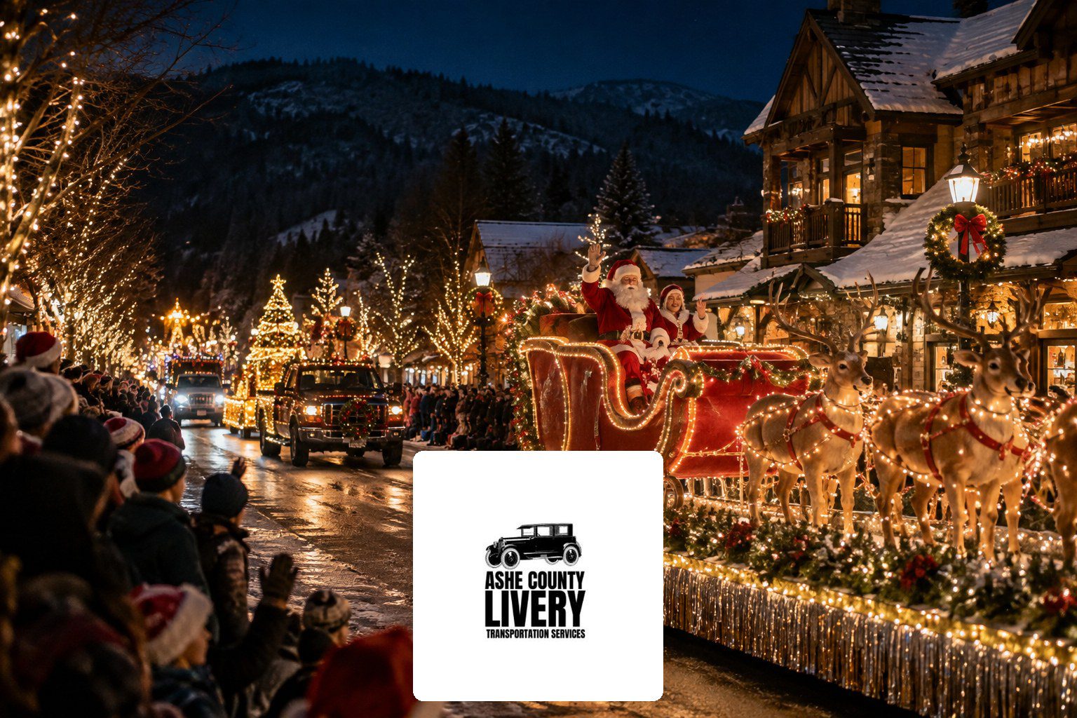 Nighttime Christmas parade of lights on a mountain town main street